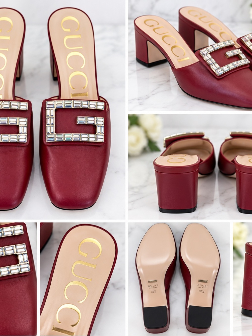 Gucci Burgundy Leather Crystal G-Buckle Block Heel Mules